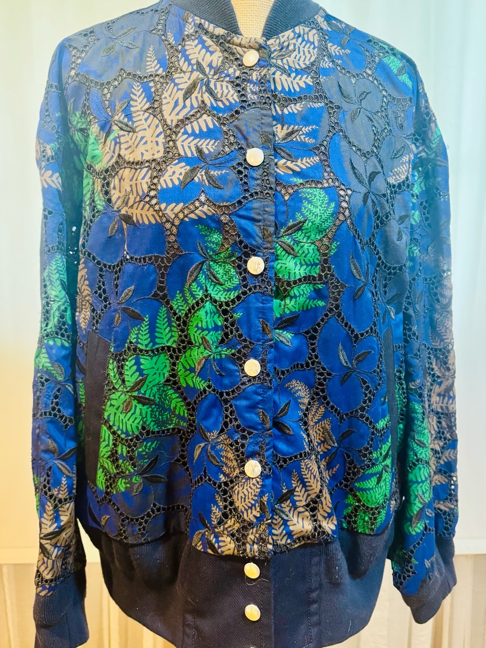 Sacai Blue Bomber Jacket with Green & Tan Leaf Embroidery, made in Japan, M